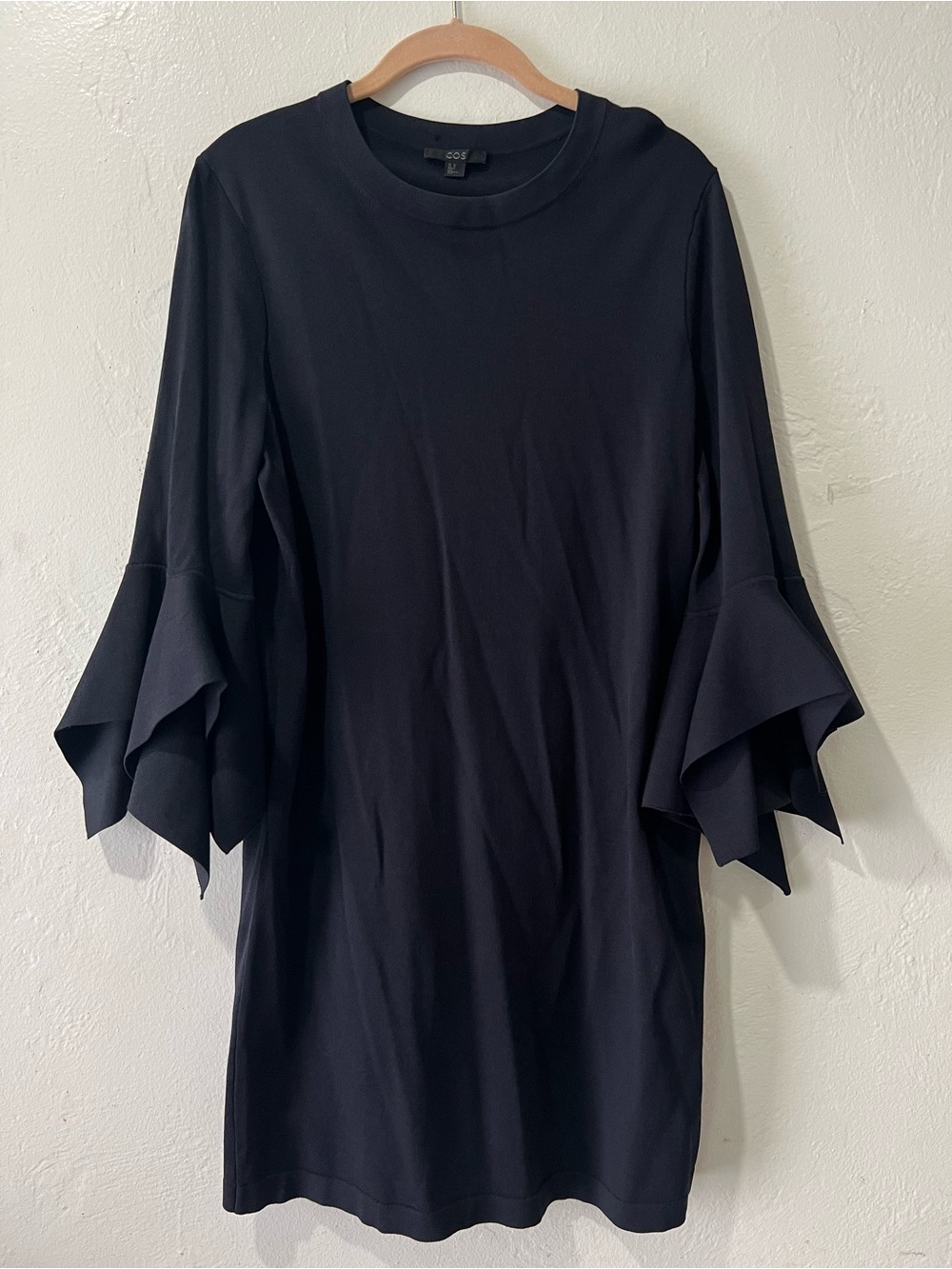 "COS" dark navy blue,long bell sleeves sheath dress.Size medium